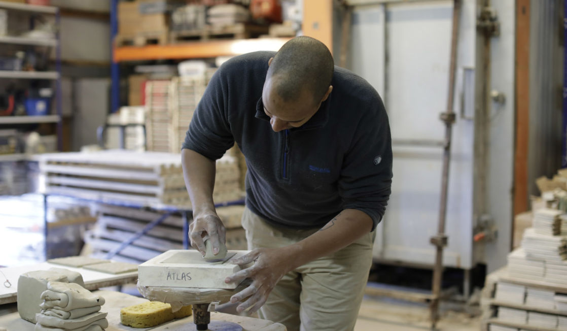 Rich Miller making tiles. Photo Layton Thompson for Ceramic Review