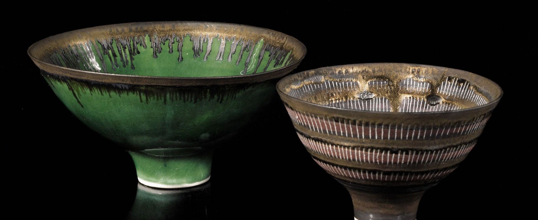 Lucie Rie, Emerald Green Bowl with Bronzed Rim, and Sgraffito Bowl with Terracotta Banding and Turquoise Ring, 1980s. Photo courtesy Sotheby's